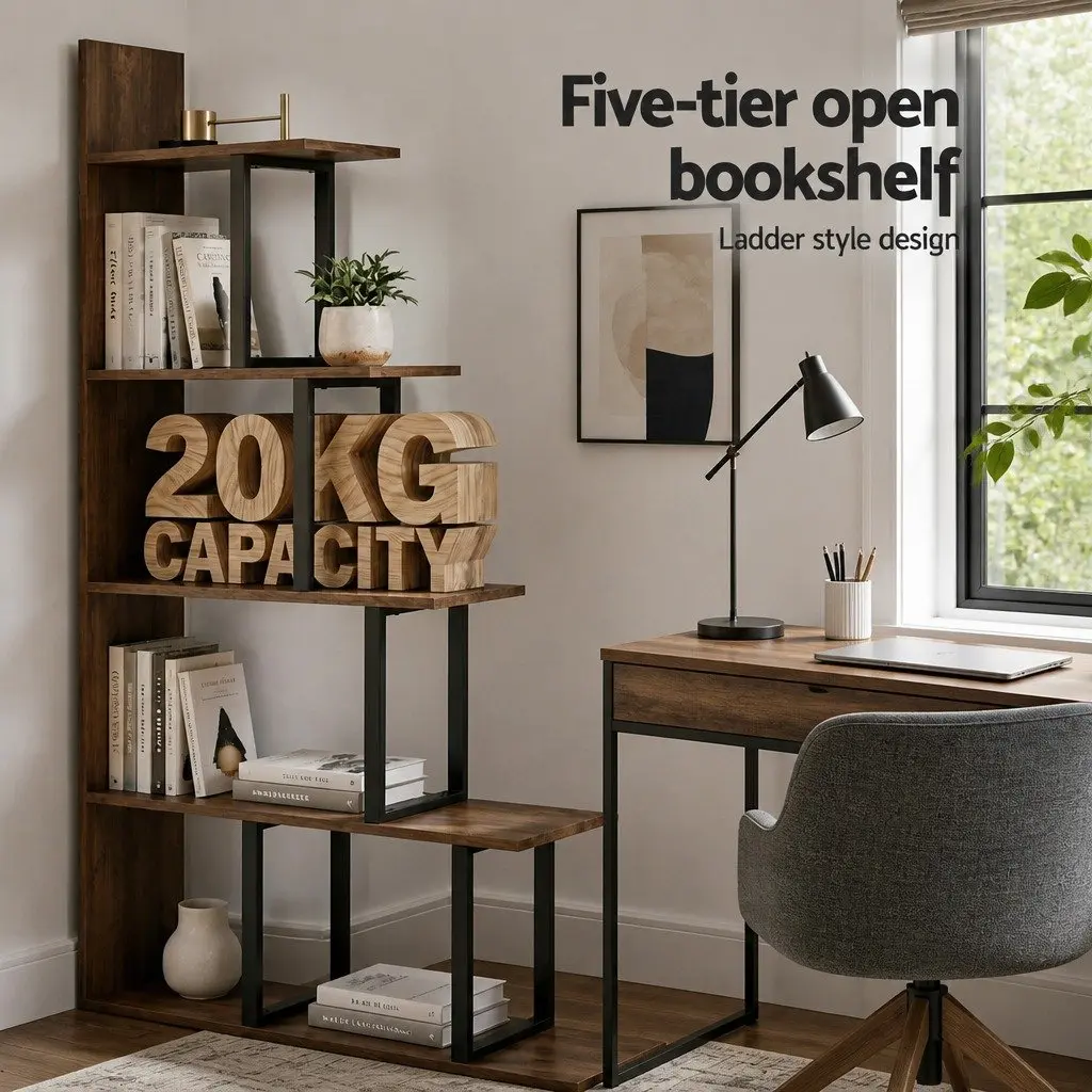 5 Tier Ladder Bookshelf L-Shaped Storage Display Unit Walnut