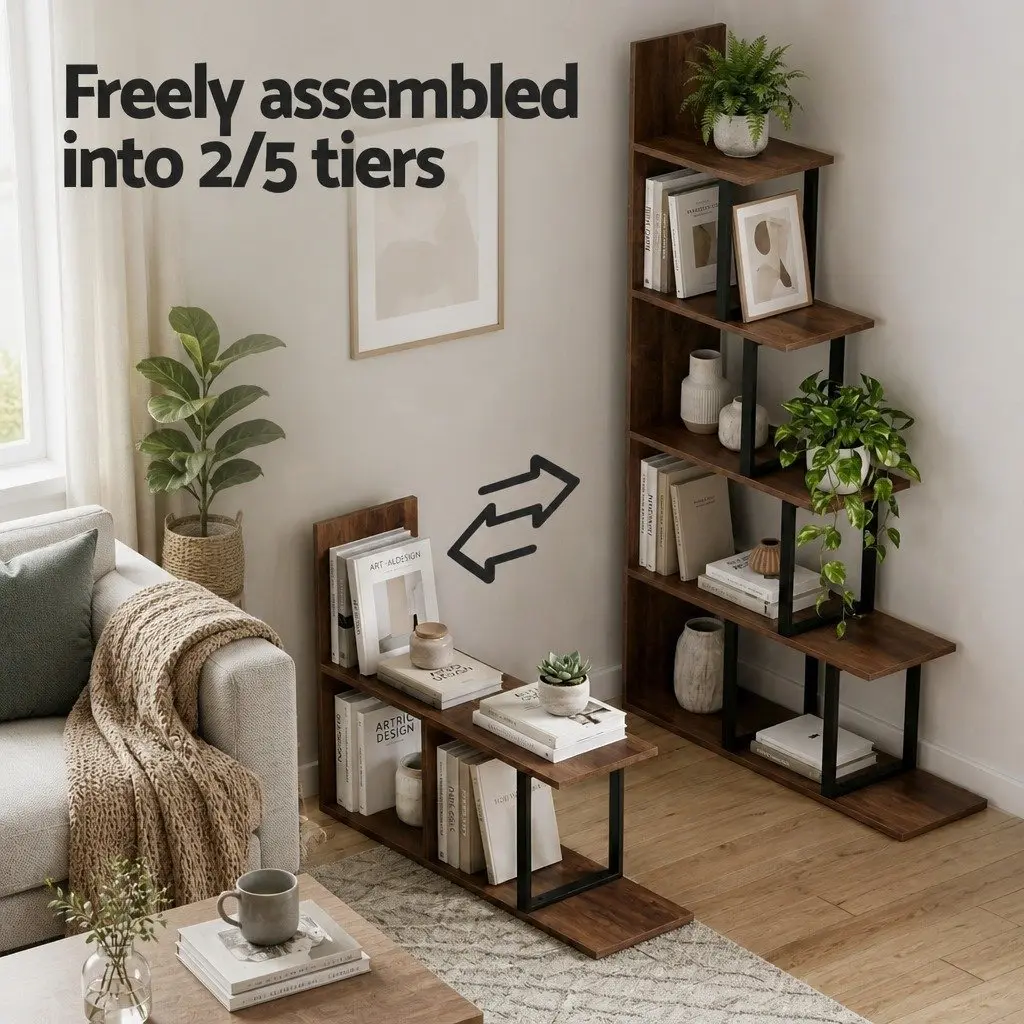 5 Tier Ladder Bookshelf L-Shaped Storage Display Unit Walnut