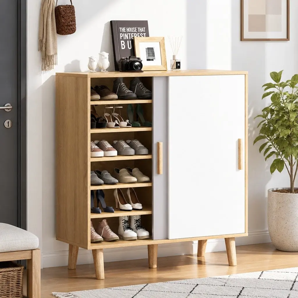 Shoe Cabinet 30 Pairs Storage 2 Sliding Doors Organiser White Oak