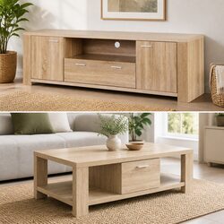TV Entertainment Unit & Coffee Table Set Pine Natural Wood Grain Storage Drawer