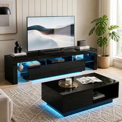 TV Entertainment Unit & Coffee Table Set with RGB LED Black Modern Living Room