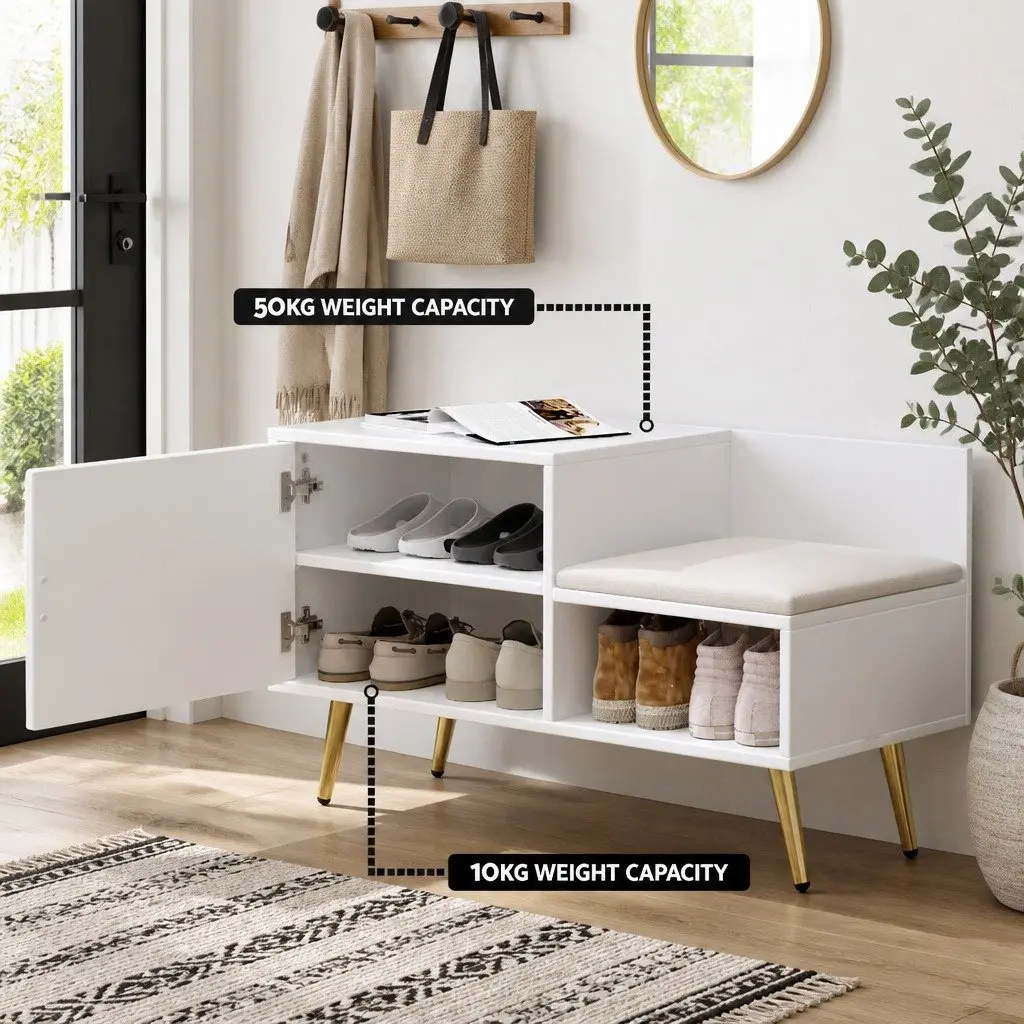 Shoe Storage Bench with Padded Seat Open Shelf White