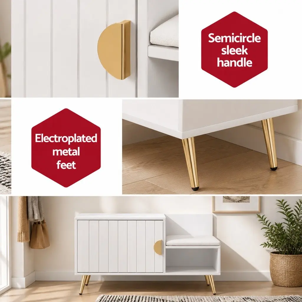 Shoe Storage Bench with Padded Seat Open Shelf White