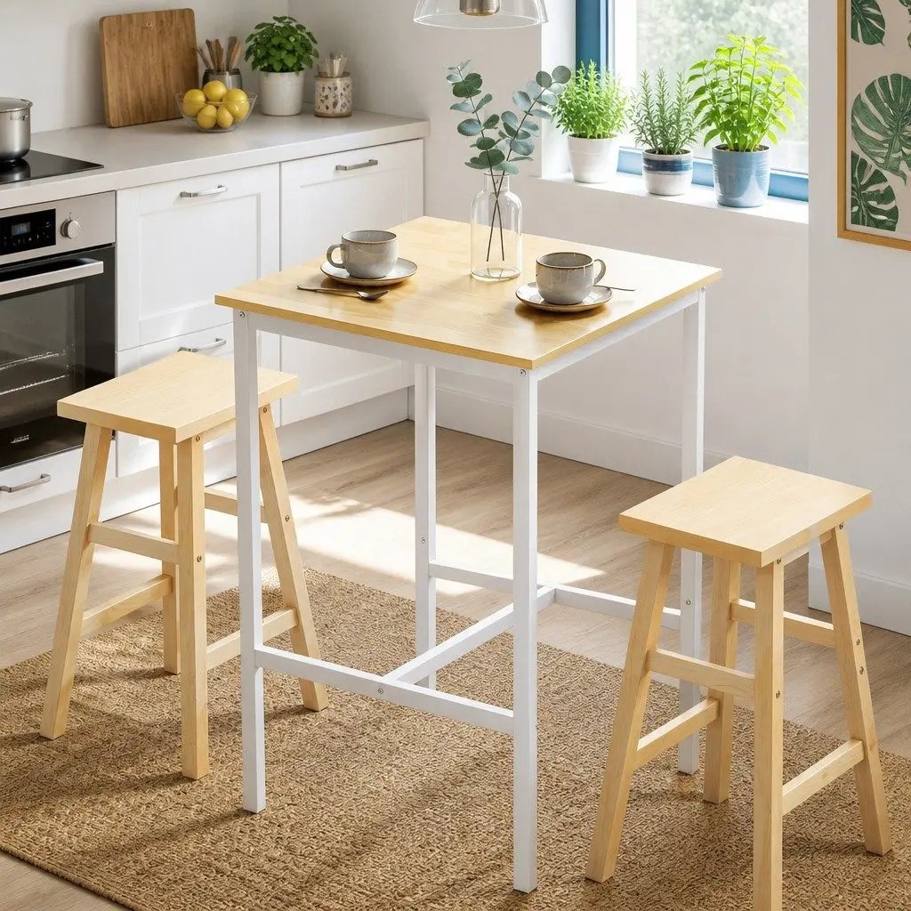 Bar Table Square Kitchen Dining Desk Counter Height 60x60cm Pine Metal Frame Modern