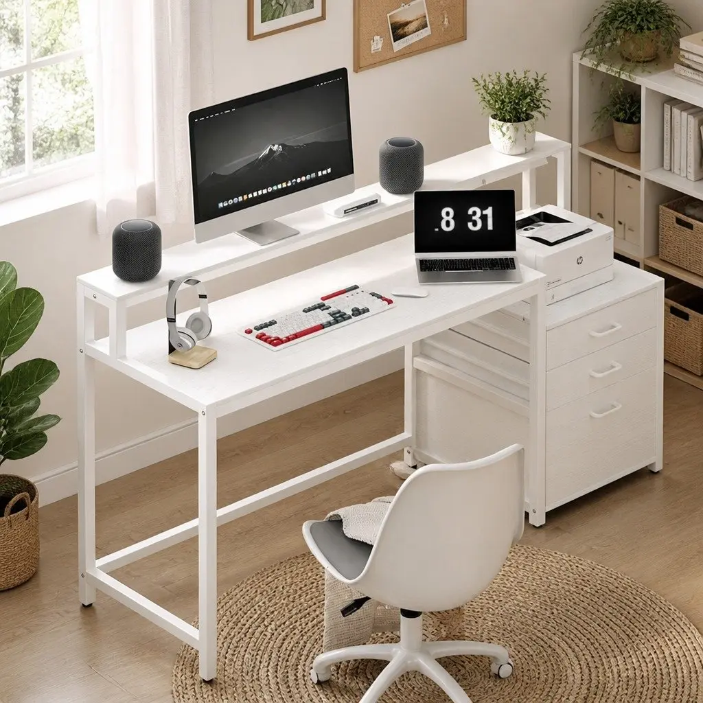 Computer Desk Home Office Study Table with Drawers Open Shelf White 160cm