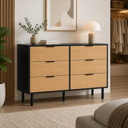 6 Drawer Chest Bedroom Dresser Storage Cabinet Black Pine Fluted Doors