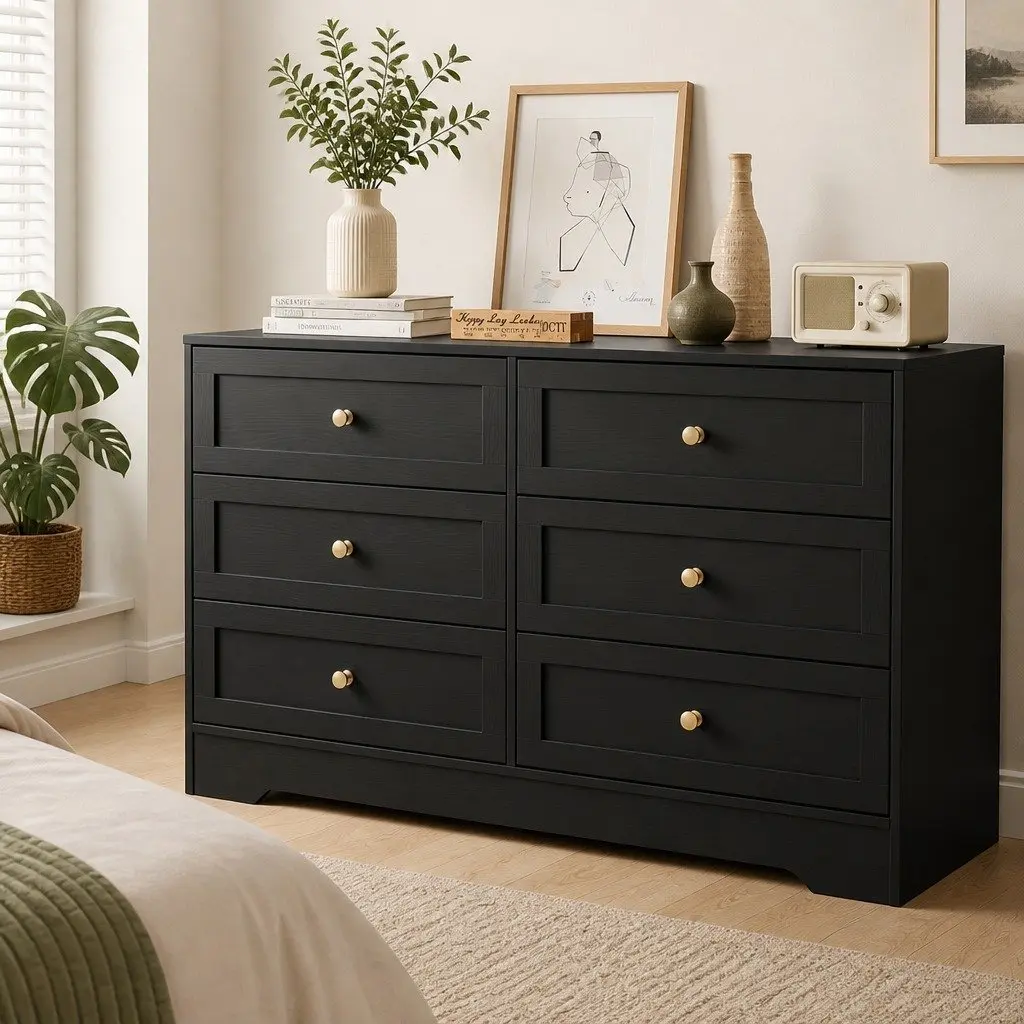 6 Drawer Chest of Drawers Tallboy Cabinet Black Storage Bedroom Furniture