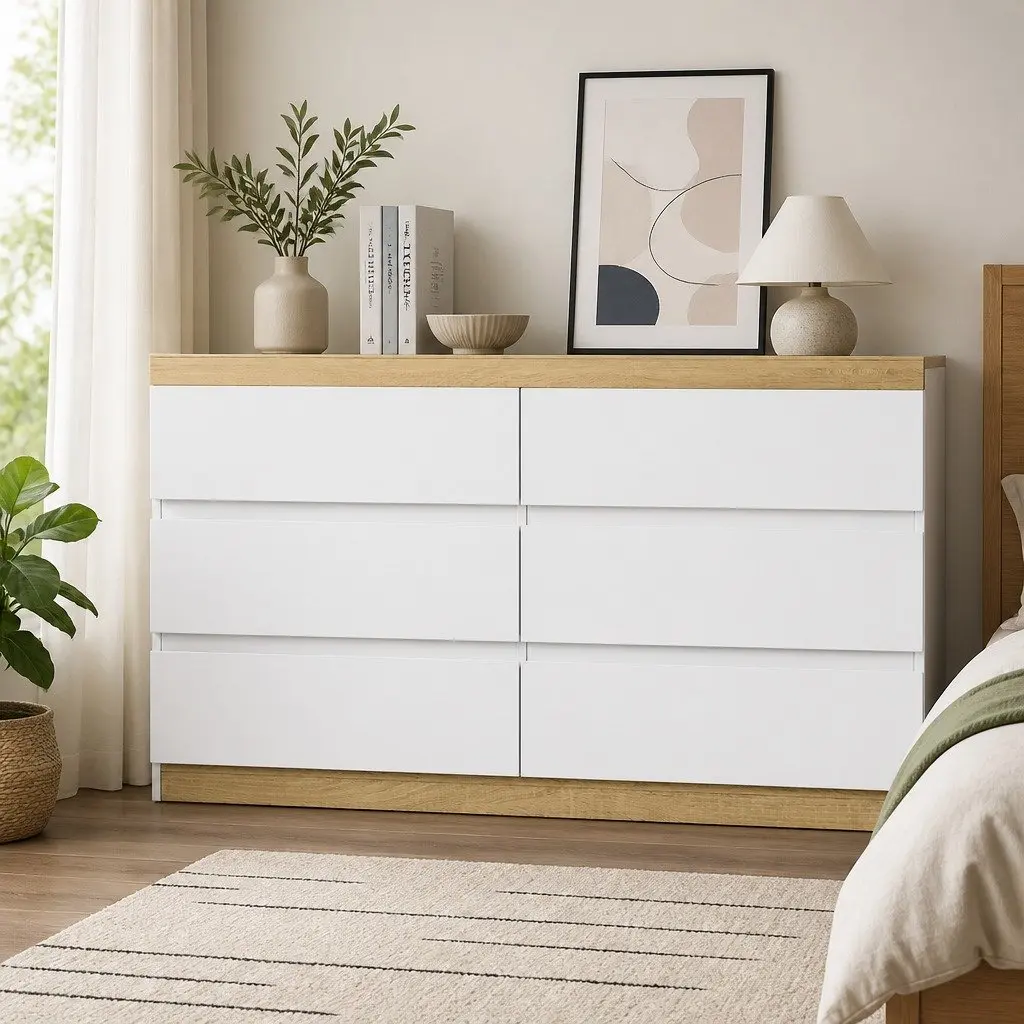 Chest of Drawers Six Drawers Tallboy Storage White and Oak