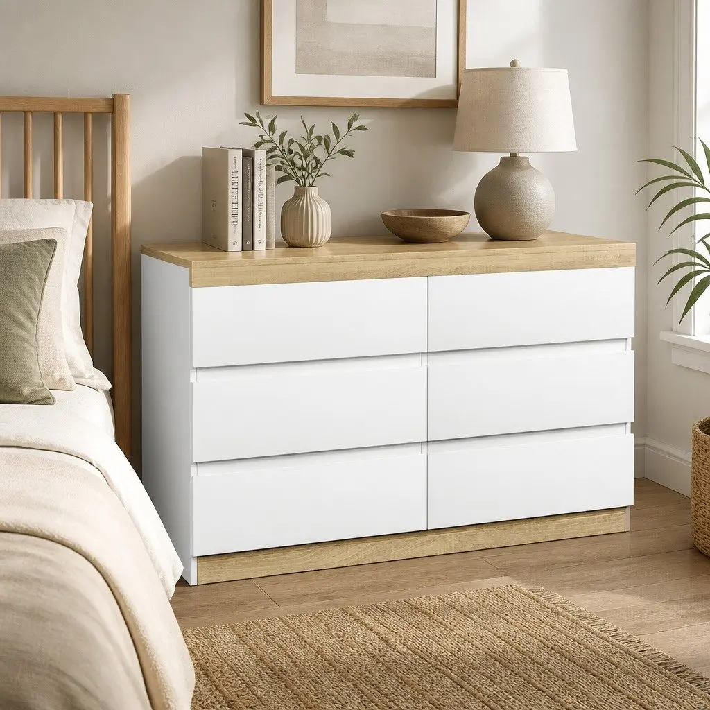 Chest of Drawers Six Drawers Tallboy Storage White and Oak