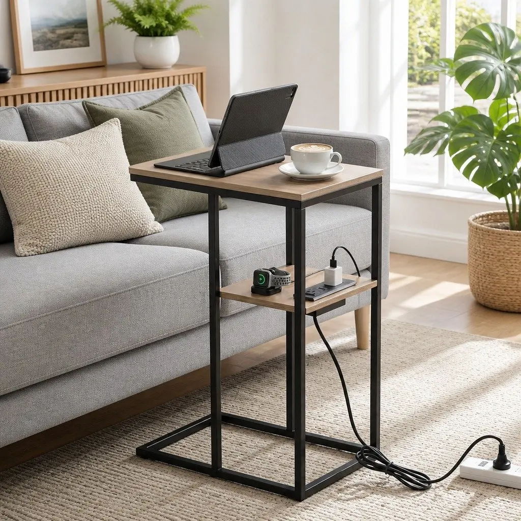 C-Shaped End Table Charging Station 2-Tier Side Coffee Table Bedside Nightstand