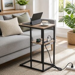 C-Shaped End Table Charging Station 2-Tier Side Coffee Table Bedside Nightstand