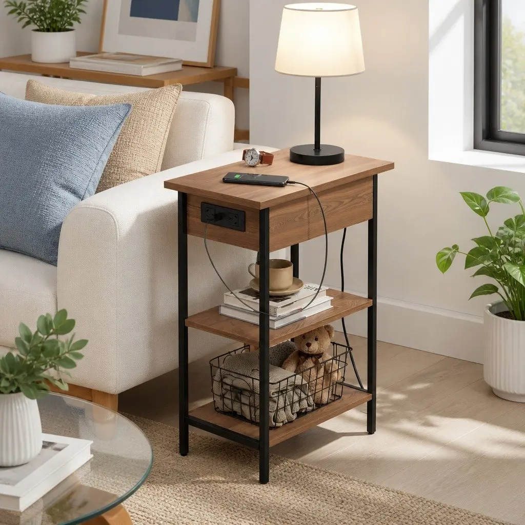 Coffee Table End Table Side Charging Station Flip-Top Storage 60cm Wood Black