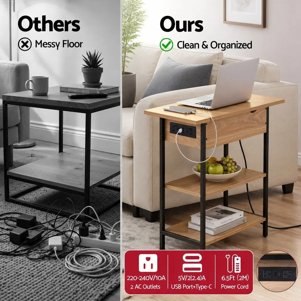 Coffee Table End Table Side Charging Station Flip-Top Storage 60cm Wood Black