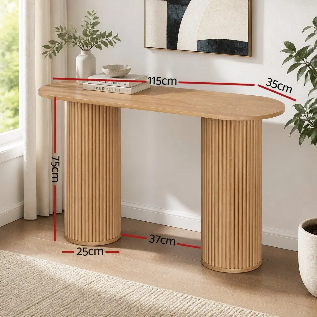 Oval Console Table Modern 115CM MDF Top Fluted Base Pine