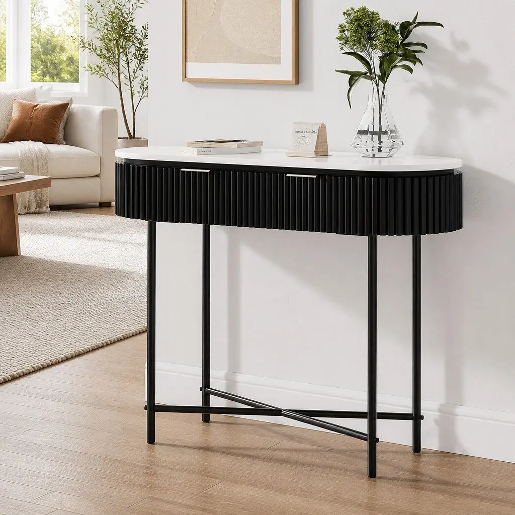 Console Table Two Storage Drawers 100CM Yellow MDF Metal Base Furniture Living Room