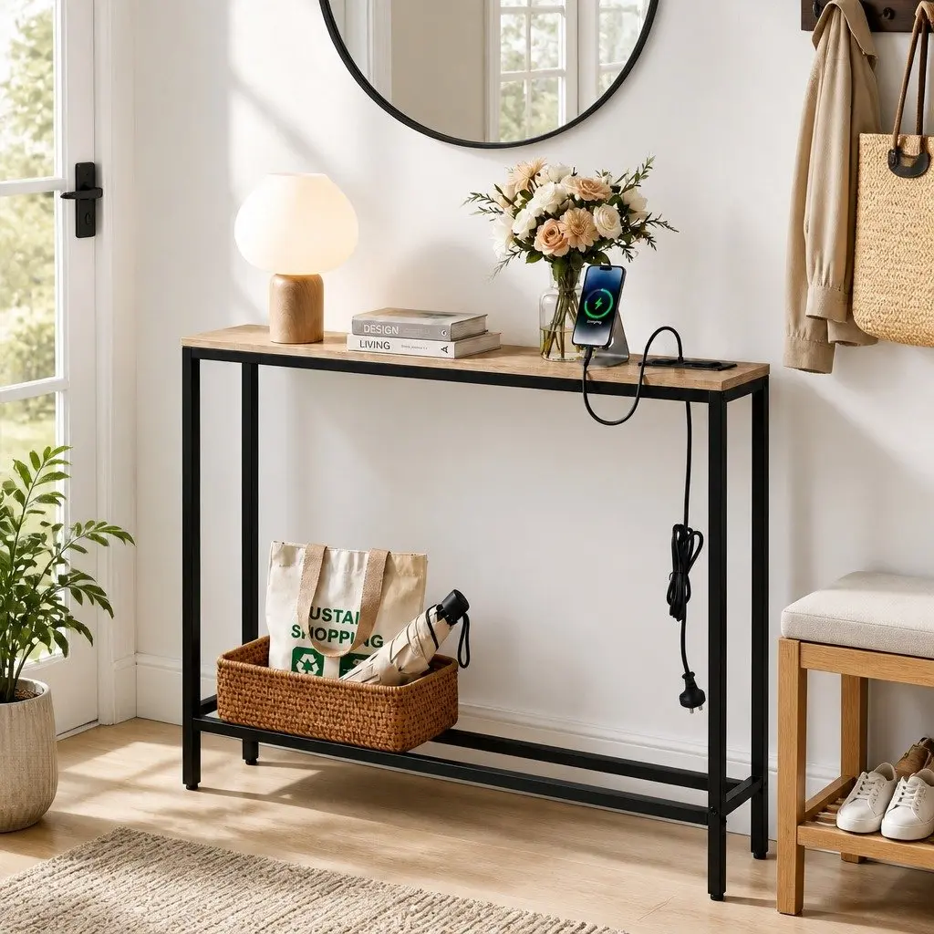 Console Table Entryway Hallway Display Desk with Charging Station Wood Top