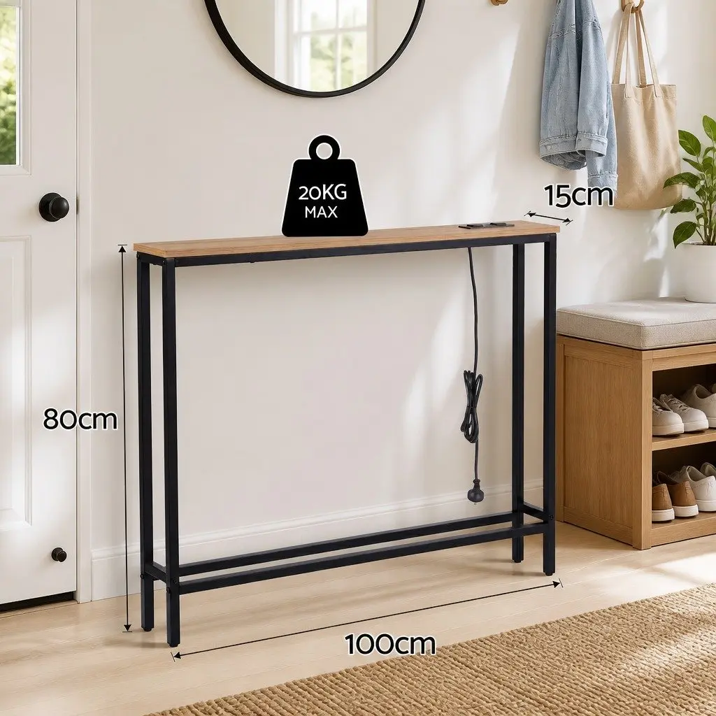 Console Table Entryway Hallway Display Desk with Charging Station Wood Top