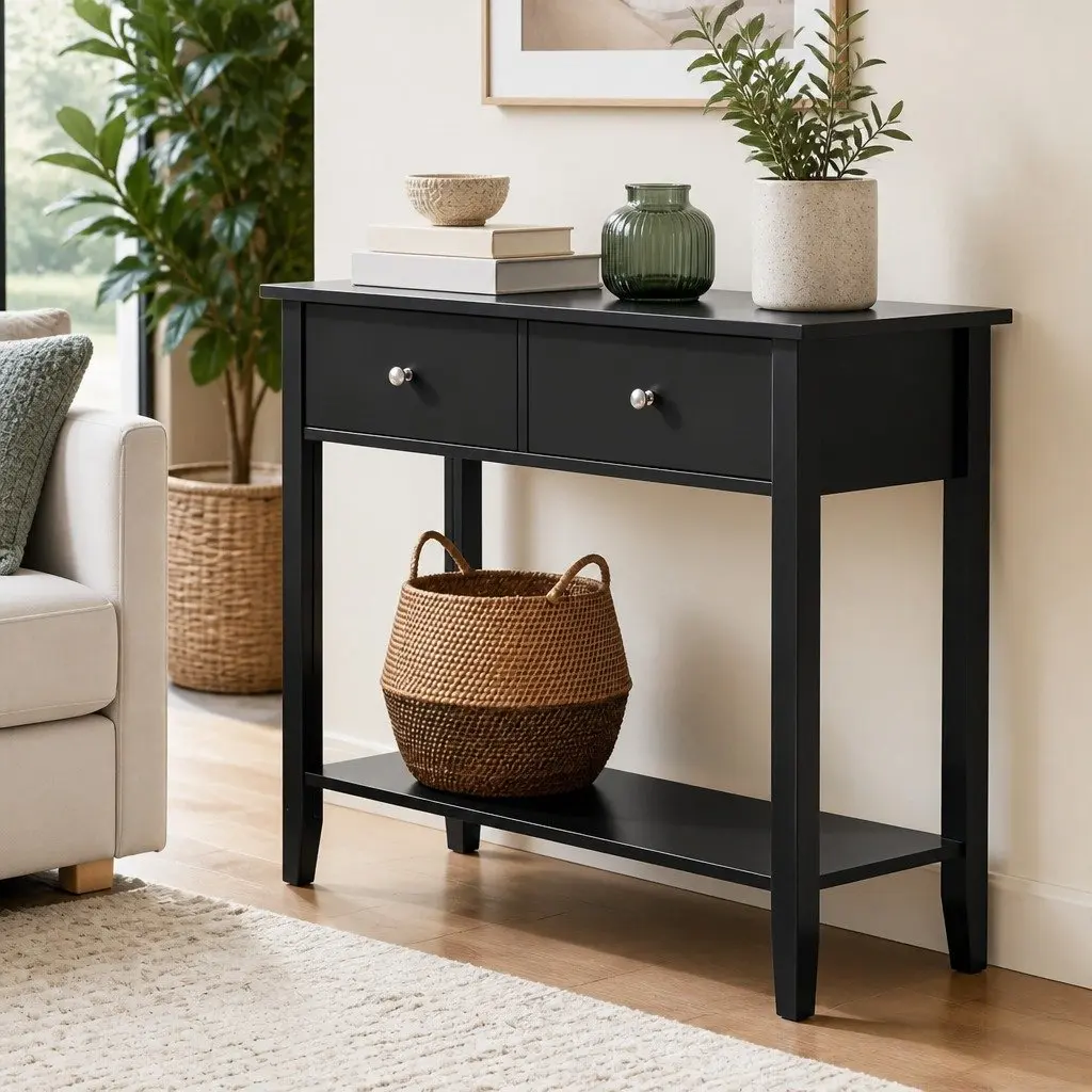 Console Table Hallway Sofa Entryway Side Table 2 Drawers Open Shelf 80CM Black