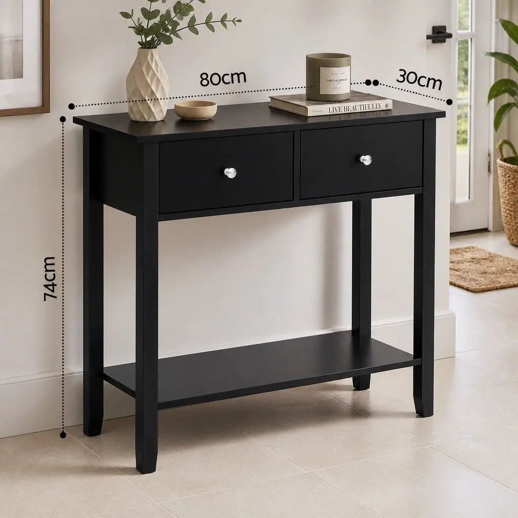 Console Table Hallway Sofa Entryway Side Table 2 Drawers Open Shelf 80CM Black
