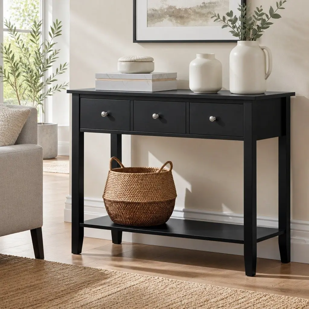 Console Table Hallway Entryway Side Table 3 Drawers Storage Shelf Black 100cm