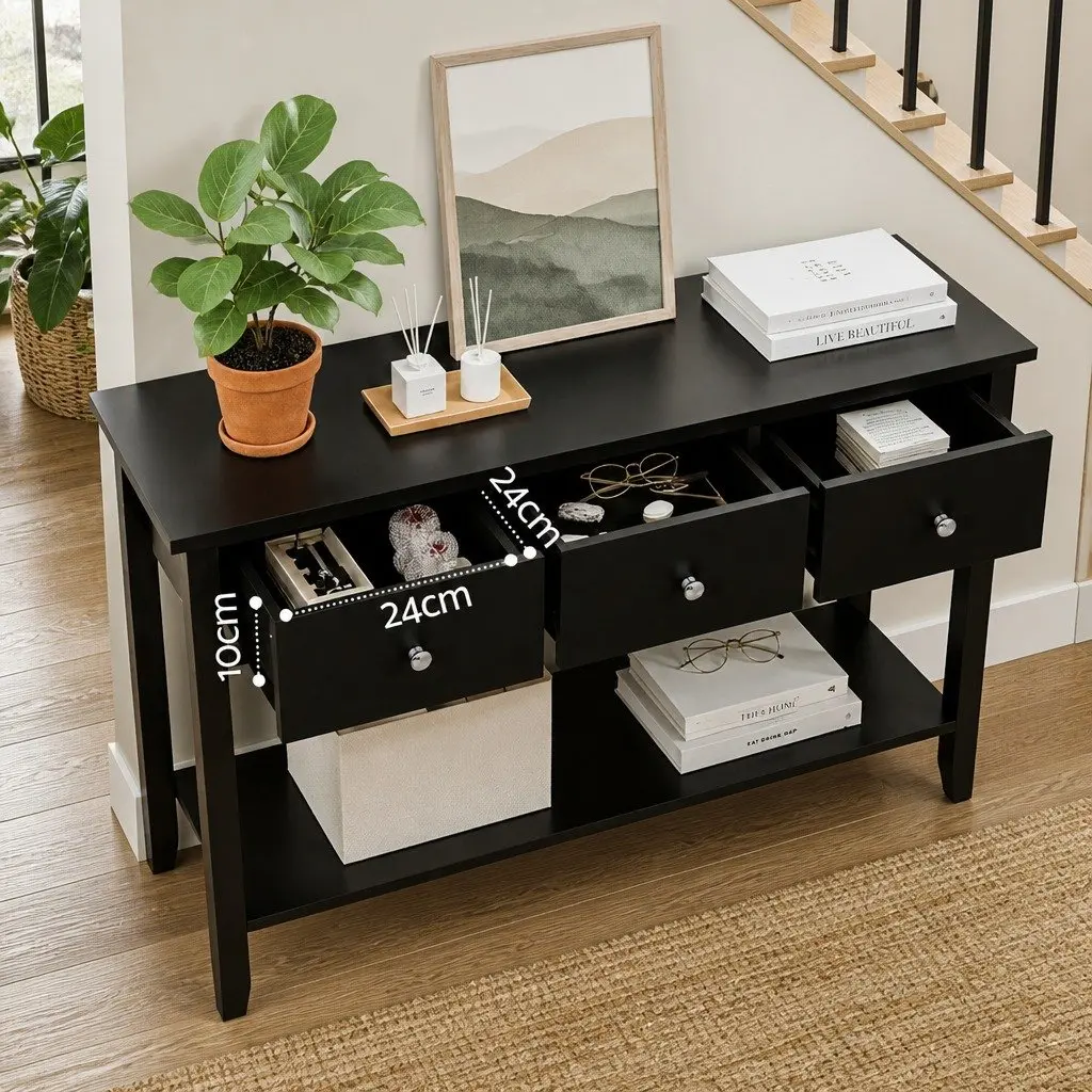 Console Table 3 Drawers Storage Shelf Black 100cm