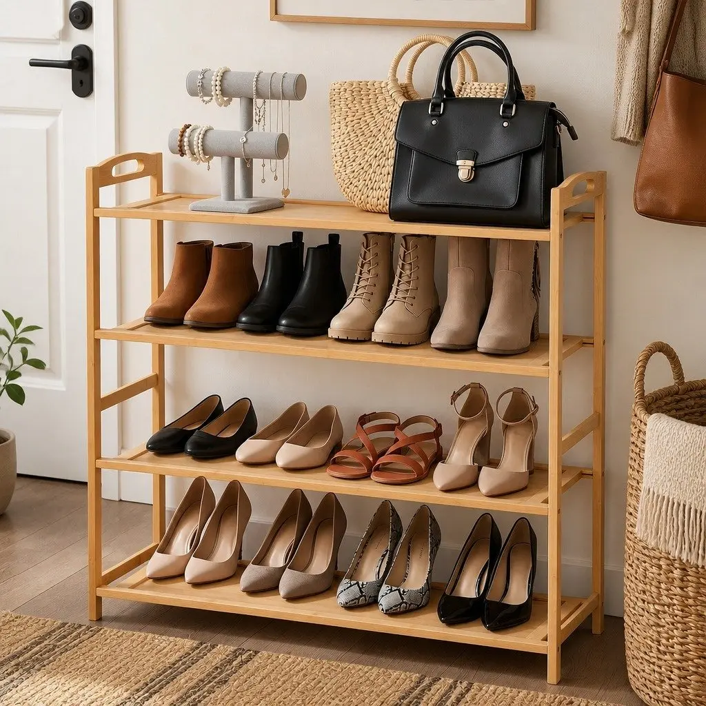 4-Tier Shoe Rack Bamboo Storage Organiser Open Display Hallway Entryway Closet