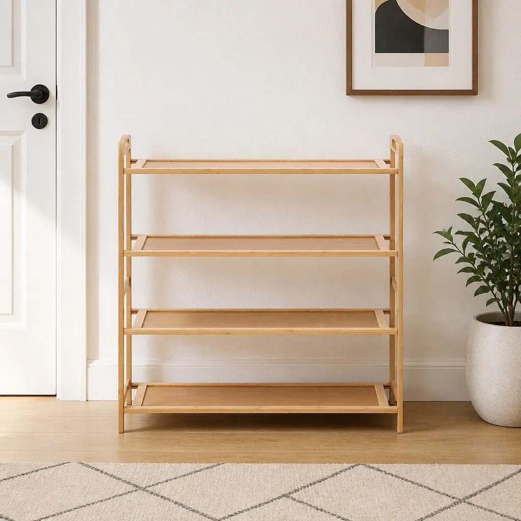 4-Tier Shoe Rack Bamboo Storage Organiser Open Display Hallway Entryway Closet