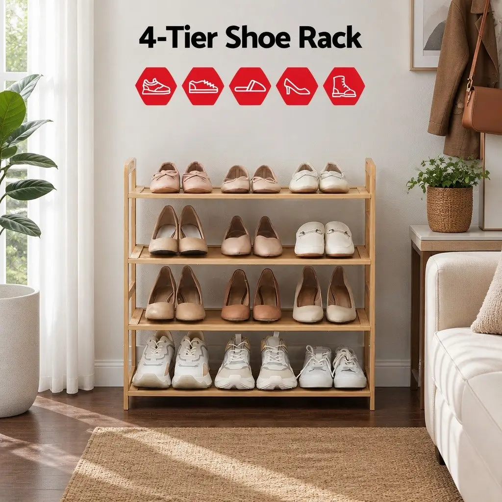 4-Tier Shoe Rack Bamboo Storage Organiser Open Display Hallway Entryway Closet