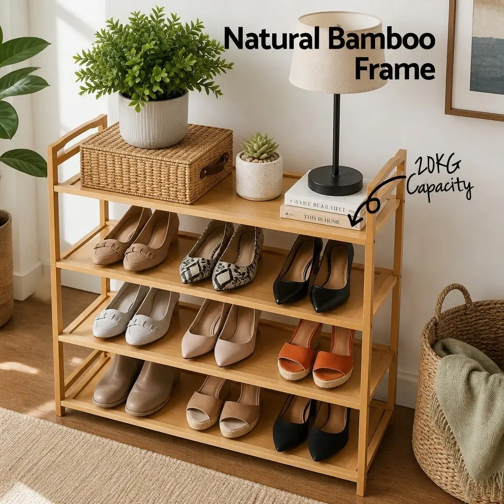 4-Tier Shoe Rack Bamboo Storage Organiser Open Display Hallway Entryway Closet