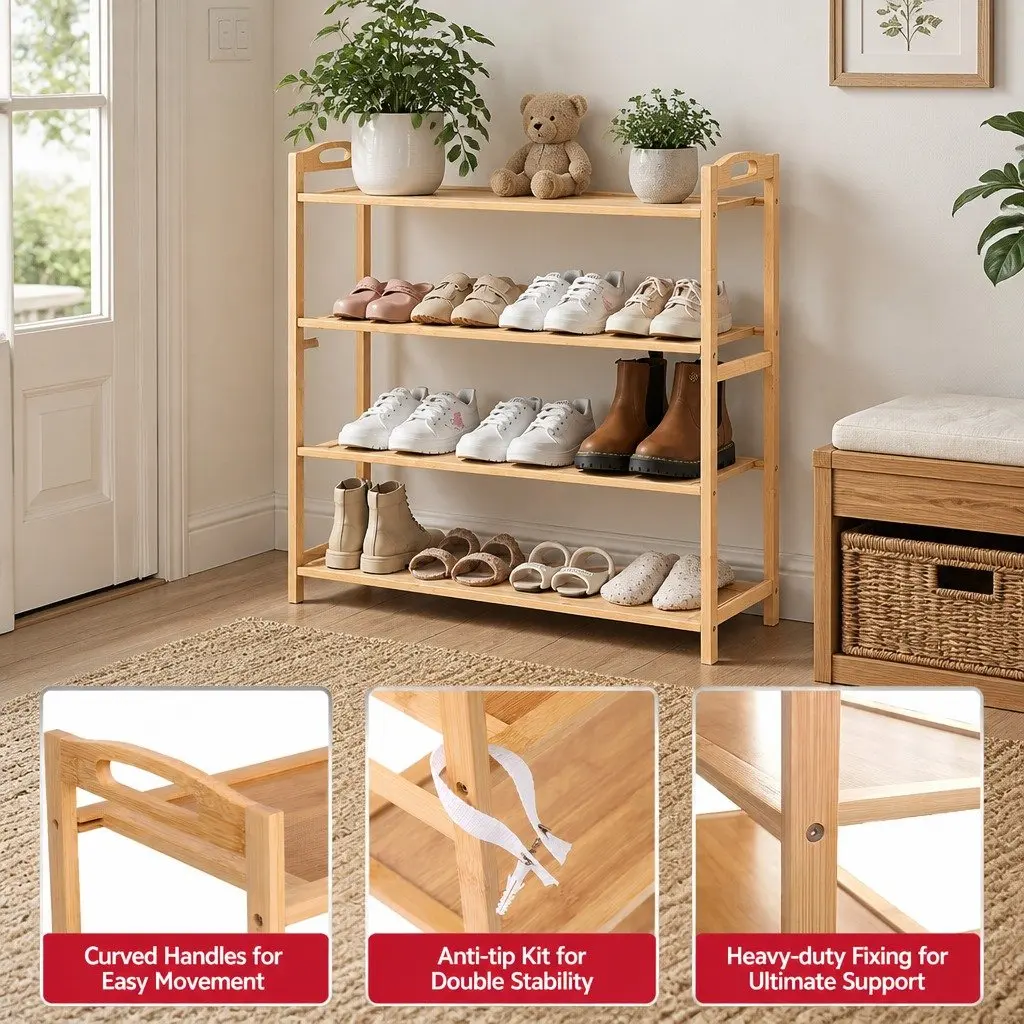 4-Tier Shoe Rack Bamboo Storage Organiser Open Display Hallway Entryway Closet