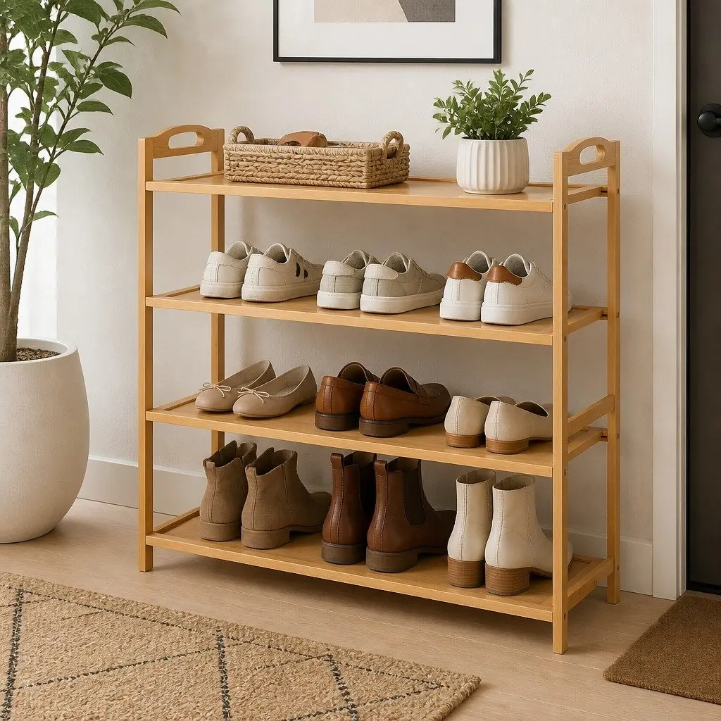 4-Tier Shoe Rack Bamboo Storage Organiser Open Display Hallway Entryway Closet