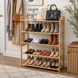 5 Tier Shoe Rack Storage Organiser Bamboo Open Design Hallway Entryway Closet