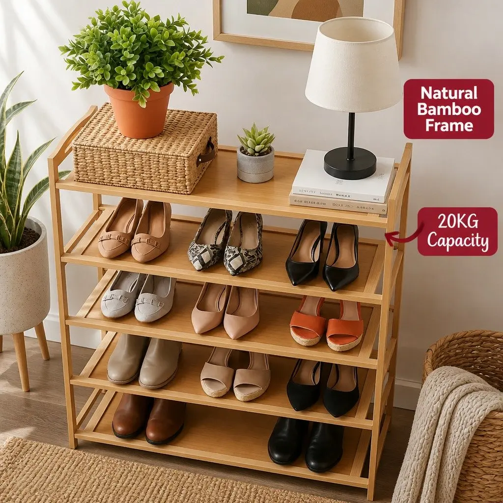 5 Tier Shoe Rack Storage Organiser Bamboo Open Design Hallway Entryway Closet