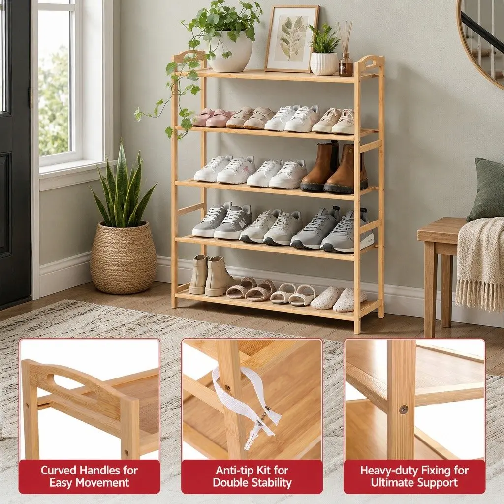 5 Tier Shoe Rack Storage Organiser Bamboo Open Design Hallway Entryway Closet