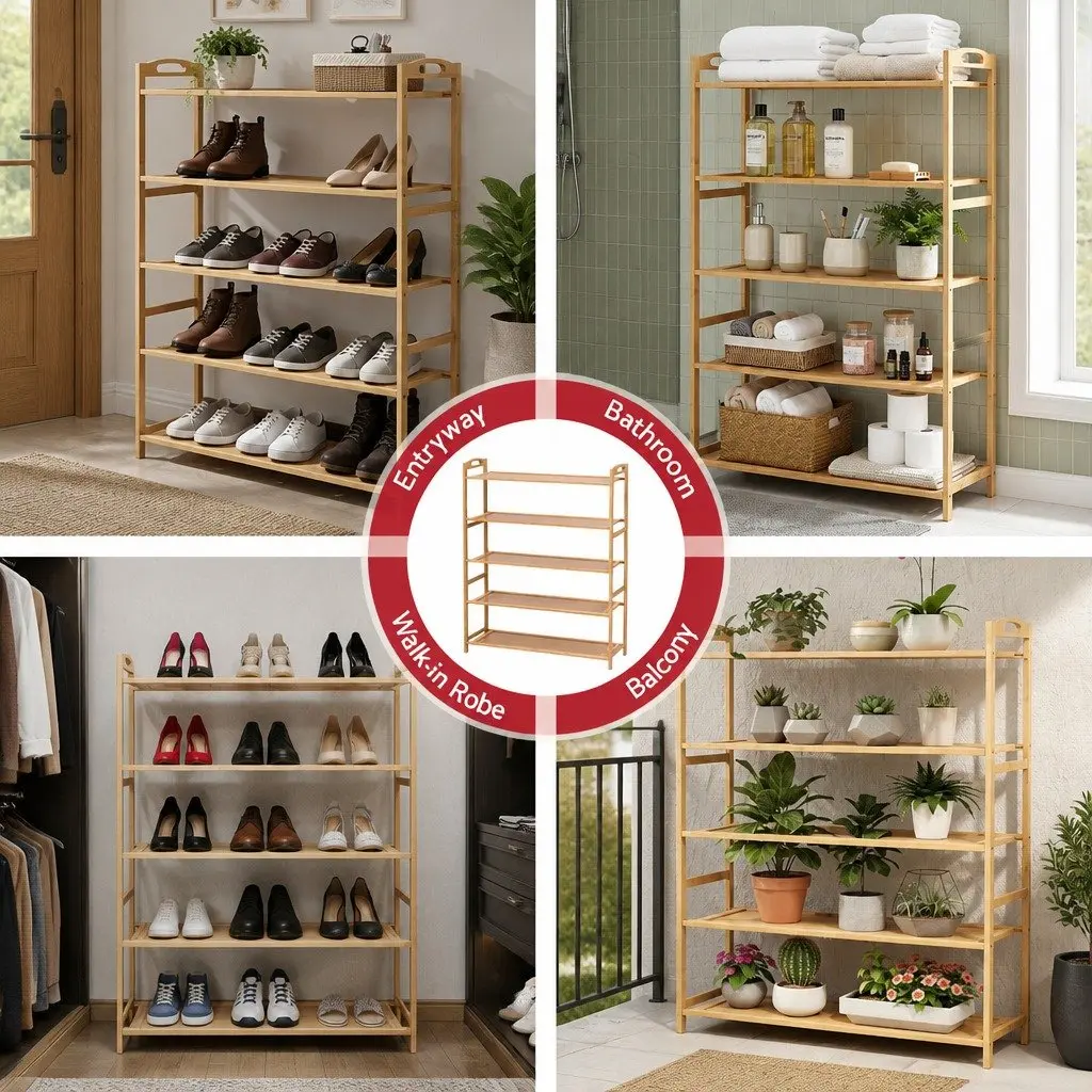 5 Tier Shoe Rack Storage Organiser Bamboo Open Design Hallway Entryway Closet