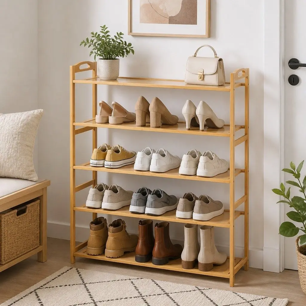 5 Tier Shoe Rack Storage Organiser Bamboo Open Design Hallway Entryway Closet