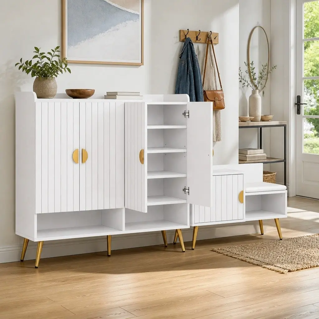 Shoe Storage Cabinet Bench Set White 10 Tier Adjustable Shelves Padded Seat