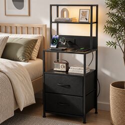Bedside Table Nightstand with Charging Station LED Drawers Storage Black