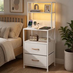 Bedside Table Nightstand with Charging Station LED Drawers White Storage Cabinet