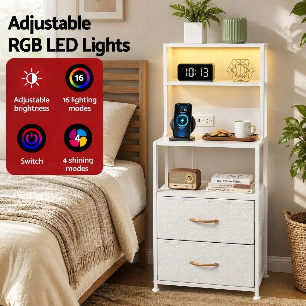 Bedside Table with Charging Station RGB LED Drawers White Storage Cabinet