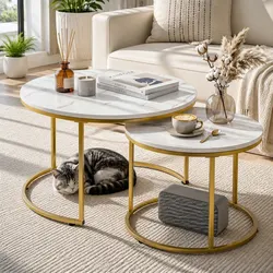 Nesting Coffee Table Set of 2 Round White Gold Modern Living Room Centre Side