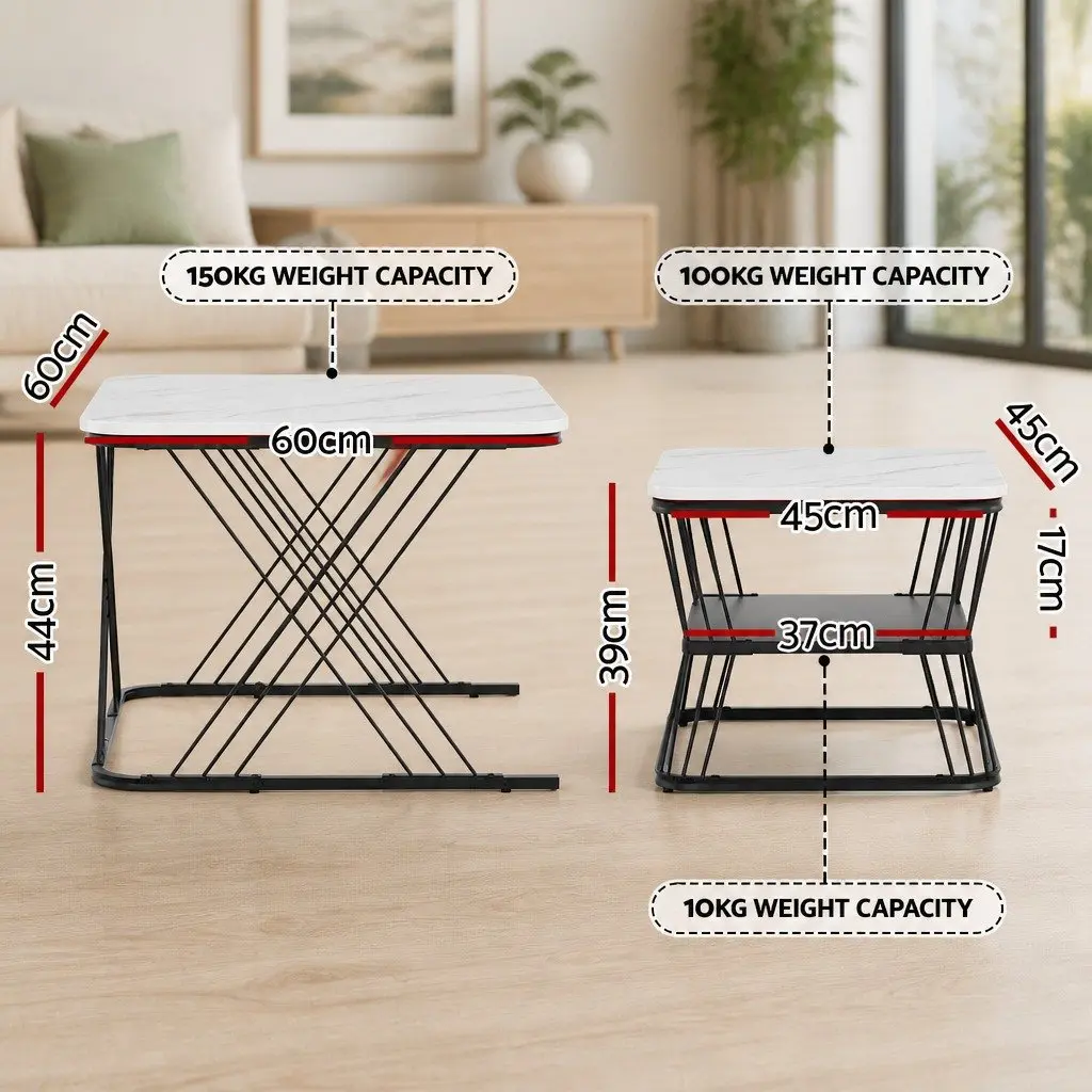 Nesting Coffee Table Set of 2 Marble Effect Modern Living Room Side Tables