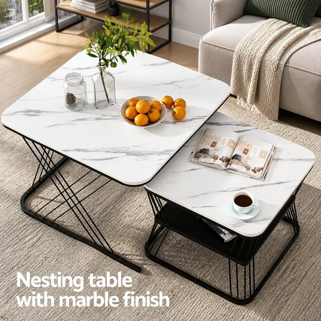 Nesting Coffee Table Set of 2 Marble Effect Modern Living Room Side Tables