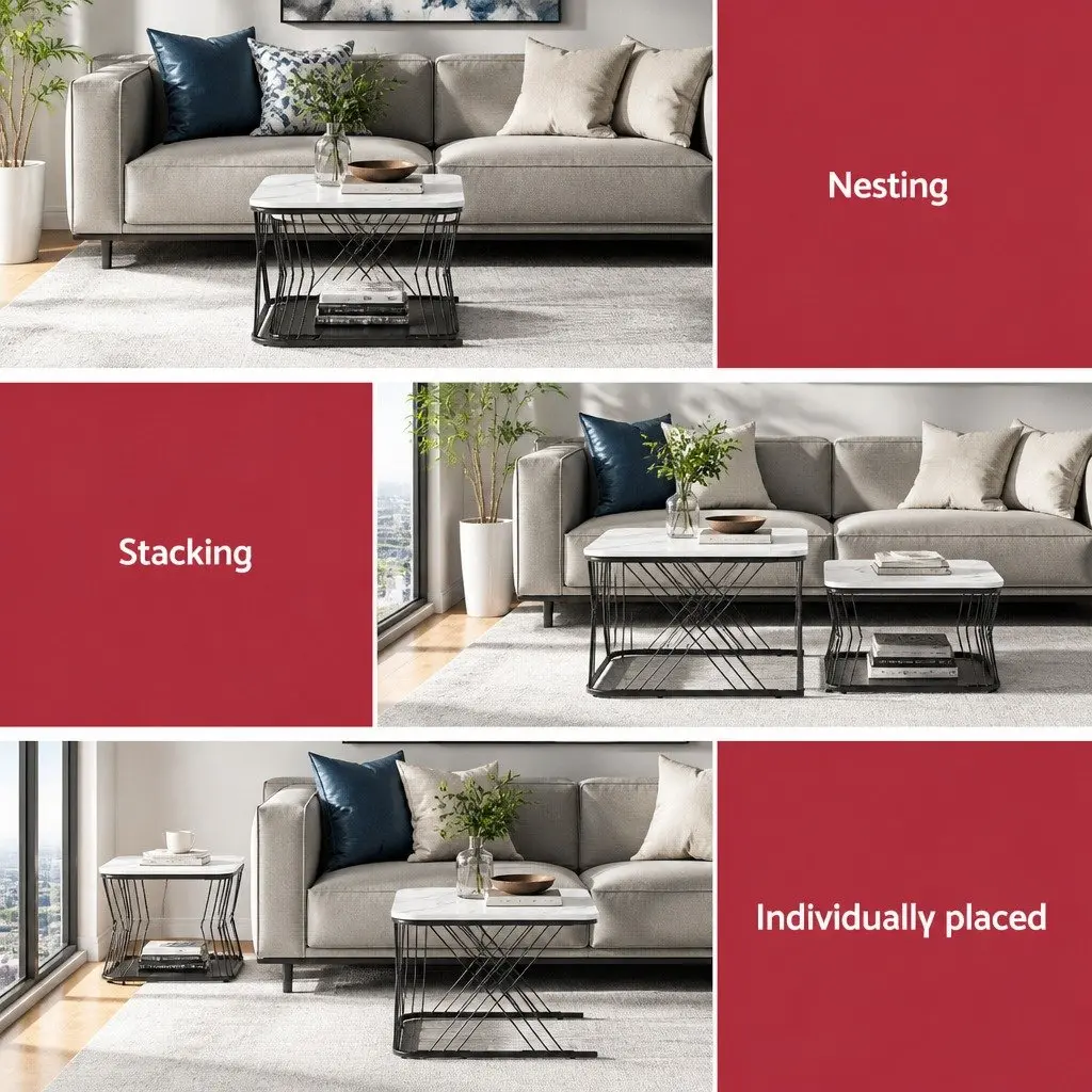 Nesting Coffee Table Set of 2 Marble Effect Modern Living Room Side Tables