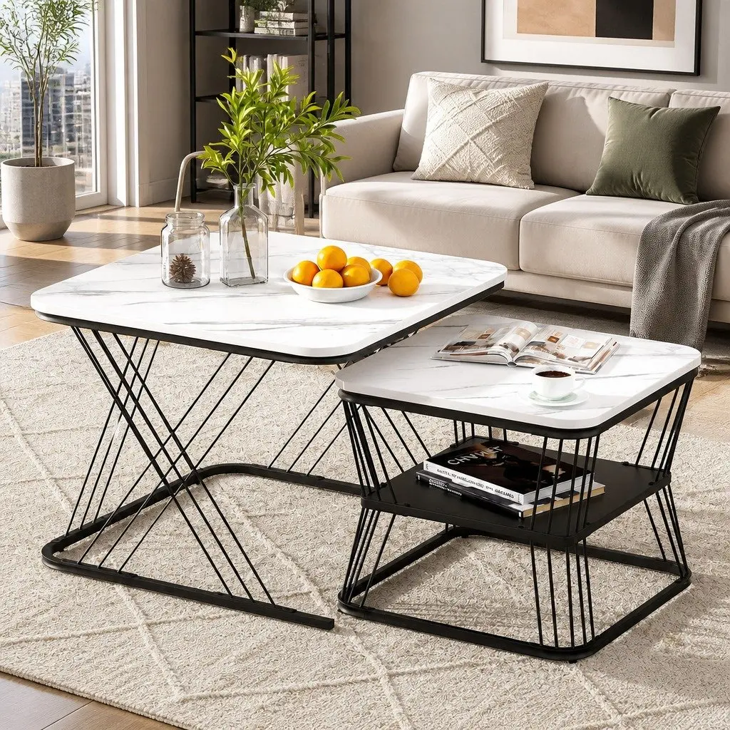 Nesting Coffee Table Set of 2 Marble Effect Modern Living Room Side Tables