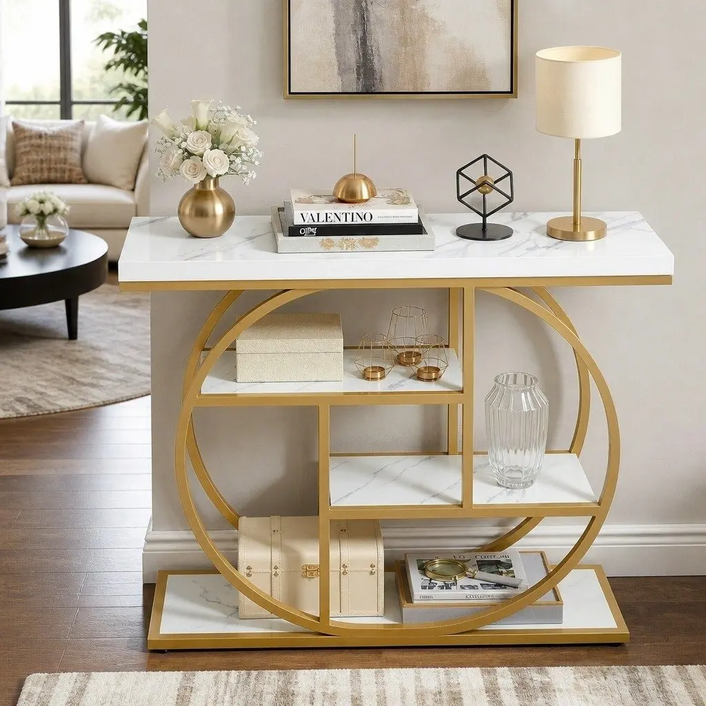 Console Table 4-Tier Open Shelves 105cm White Gold Marble Effect Display Storage