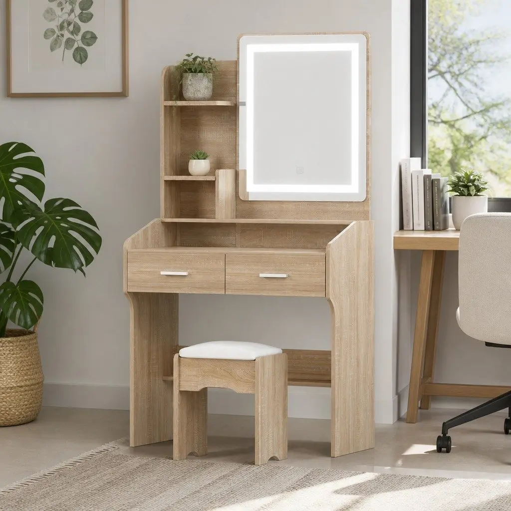 Dressing Table Set with LED Mirror Stool Black Wood Vanity Bedroom Makeup Desk