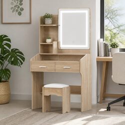 Dressing Table Set with LED Mirror Stool Black Wood Vanity Bedroom Makeup Desk