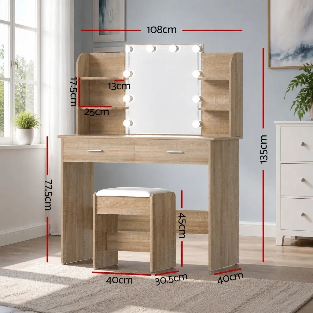 Dressing Table Set Hollywood Style LED Vanity Mirror with 10 Bulbs Natural Wood Colour with Foam Padded Stool