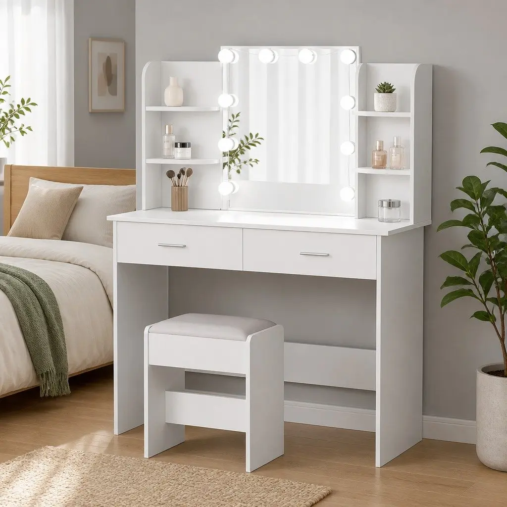 White Dressing Table Set with Stool Hollywood LED Mirror Makeup Vanity Desk
